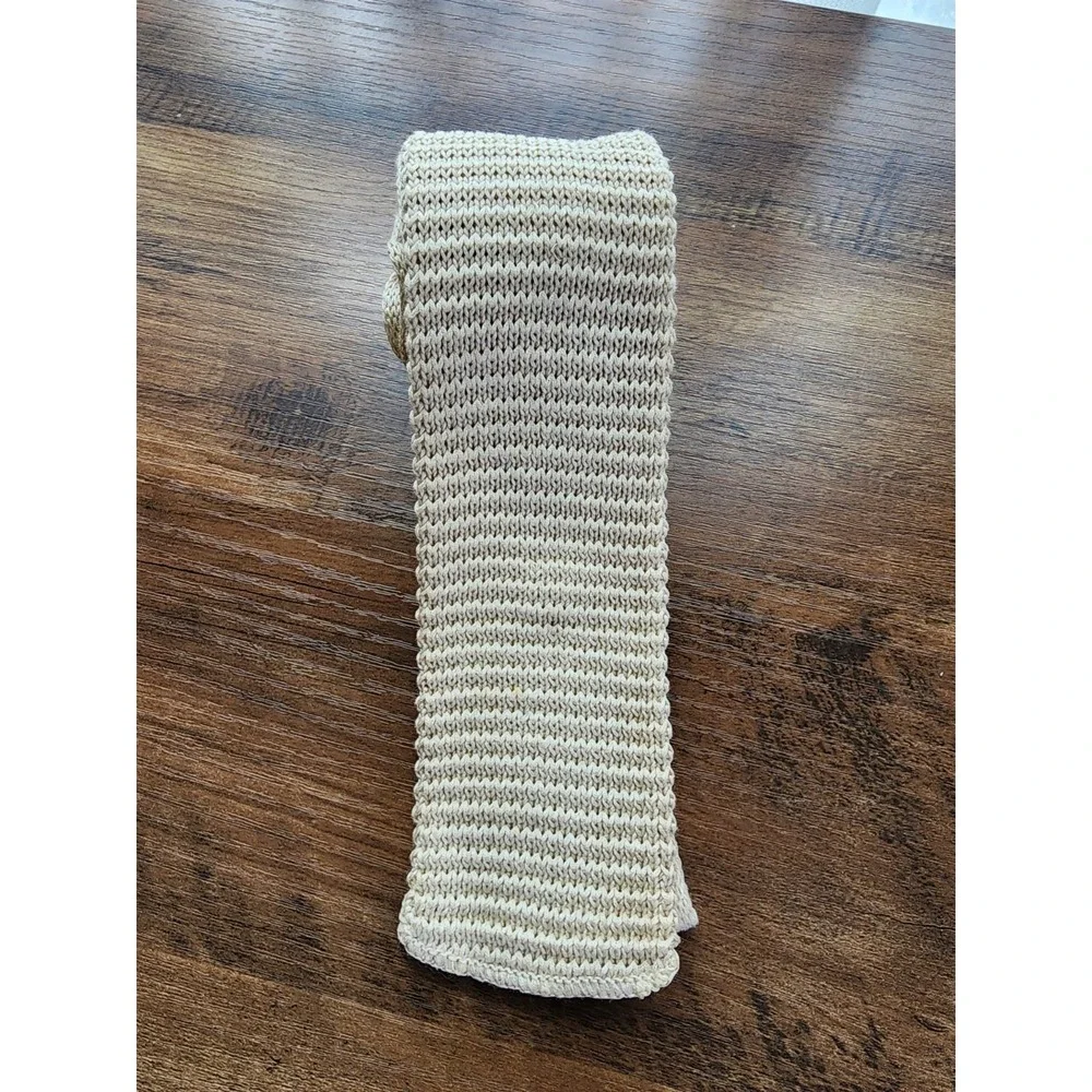 Vintage 70s Mens Tie Knit Square End Flat Bottom Cotton USA Made Cream White